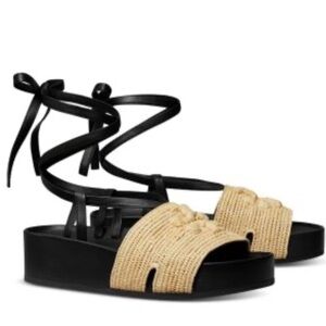 Tory Burch Black and Tan Espadrille Sandals